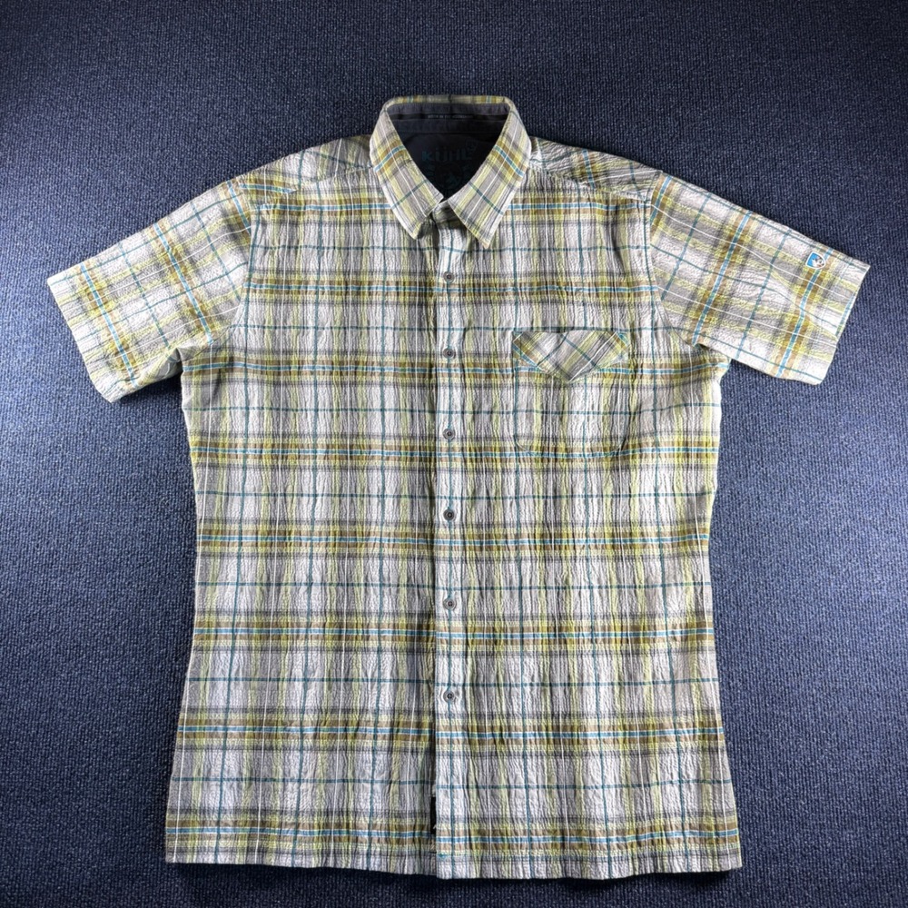 Kuhl Mens Large Short Sleeve Plaid Button Down Shirt Green Blue Hiking Outdoor